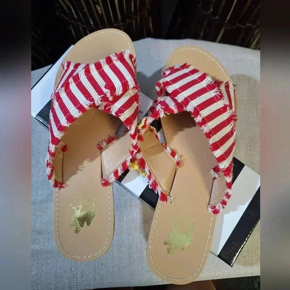 Camel Threads TOES Crossover Open Toe Flipflop Sandals Stripe White Red Fringe - Picture 3 of 9